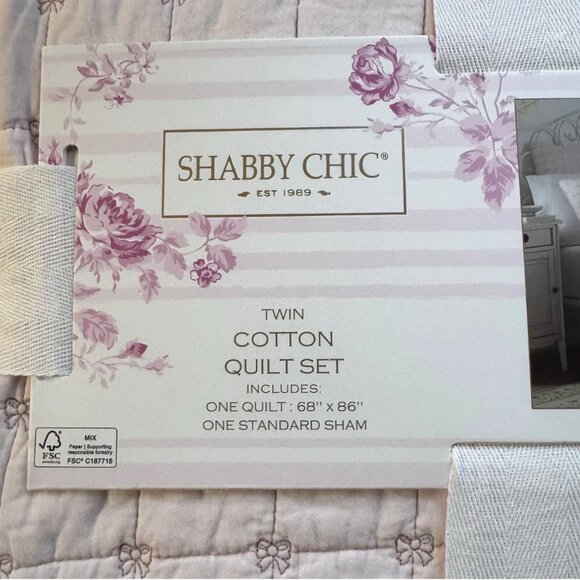 2pc Shabby Chic Quilted Pink Coquette Bow TWIN Quilt Pillow Sham Set Cotton NEW - Picture 4 of 5